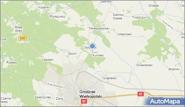 mapa Kurowo, Kurowo gmina Grodzisk Wielkopolski na mapie Targeo